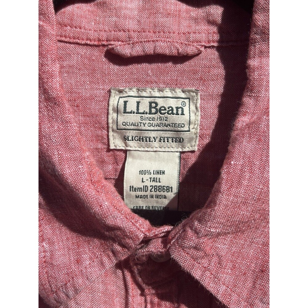 L.L. Bean 100% Linen Long Sleeve Shirt Men's L Tall Red White Weave Slightly Fit
